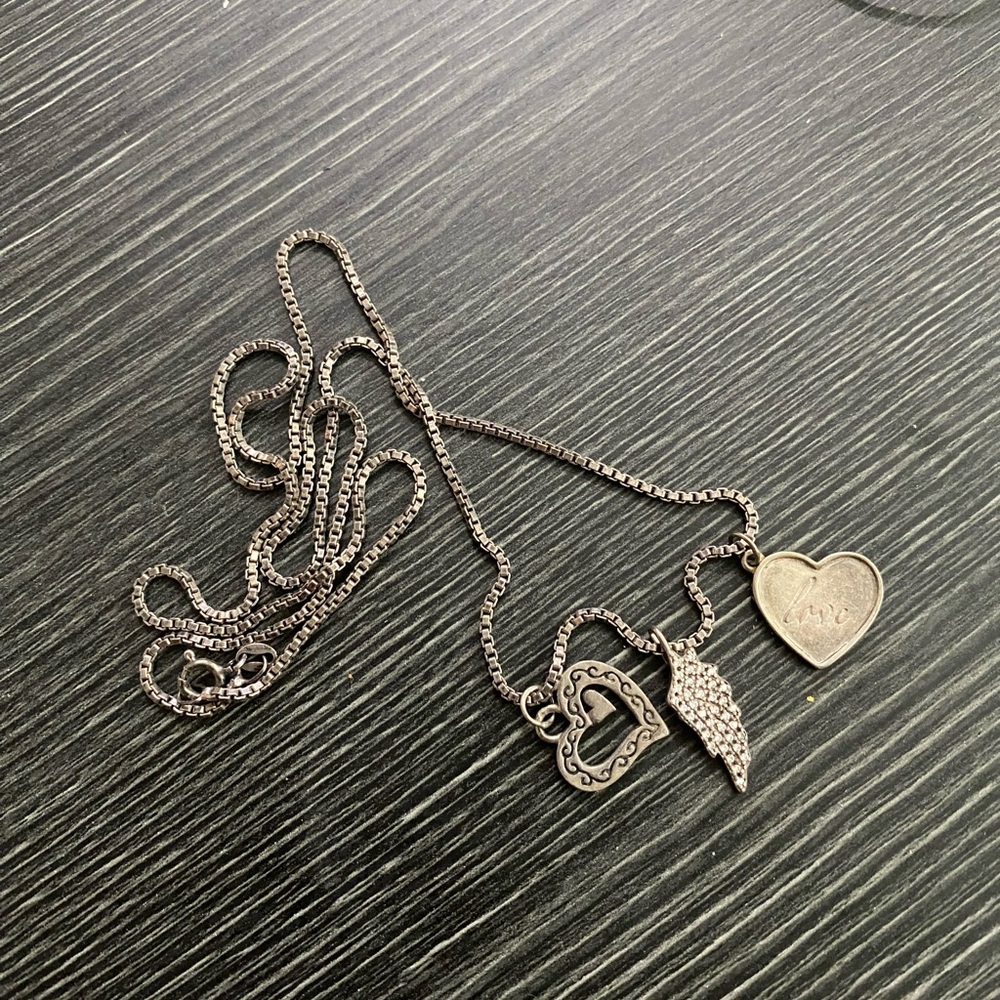 Stella & Dot  sterling Silver Heart, Wing & Openwork Pendant Necklace